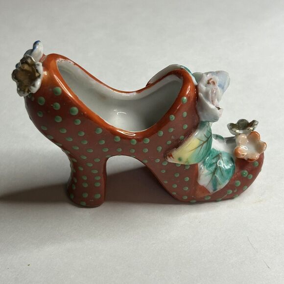 Vintage Porcelain Shoe made in Japan Red with Green Polka dots miniature 3" - Picture 3 of 9